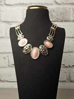 Gold Tone Pink Statement Necklace Rhinestone Filigree Bib Jewelry
